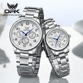 OPK 6012 Луксозни Сдвоени часове от водеща марка за мъже и жени, водоустойчиви кварцови ръчни часовници с обикновен дигитален циферблат, часовници е от неръждаема стомана