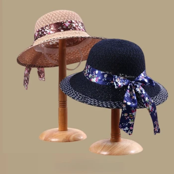 Дамски Елегантни Слънчеви шапки с флорални нос и панделка, Реколтата, сламени шапки, Летни слънчеви шапки с широка периферия за пътуване, Аксесоари за дрехи