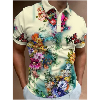 Модерна мъжка лятна мъжка риза поло с къс ръкав, модерни ежедневни улични тениски с 3D принтом под формата на звезди и цвете