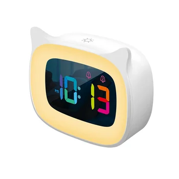 Сладък Будилник с RGB 7-цветен нощно осветление /с Регулируема Яркост, Led Цветен дигитален дисплей, Цифров часовник Бял Цвят